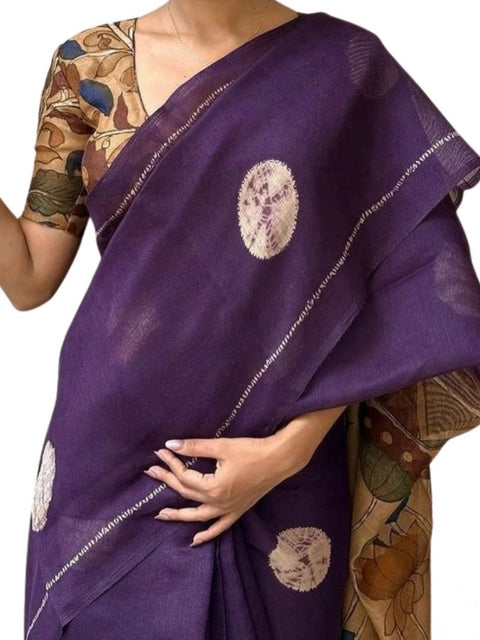 Women's Linen Printed Saree With Unstitched Blouse 5.5Mtr (Purple)