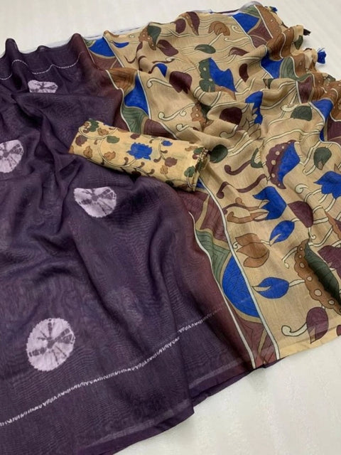 Women's Linen Printed Saree With Unstitched Blouse 5.5Mtr (Purple)