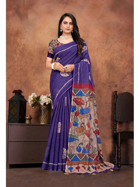 Women's Linen Printed Saree With Unstitched Blouse 5.5Mtr (Purple)