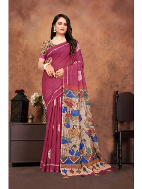 Women's Linen Printed Saree With Unstitched Blouse 5.5Mtr (Purple)