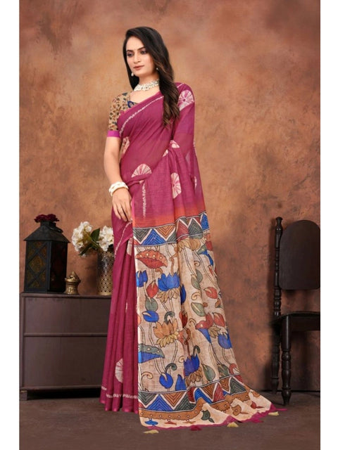 Women's Linen Printed Saree With Unstitched Blouse 5.5Mtr (Purple)
