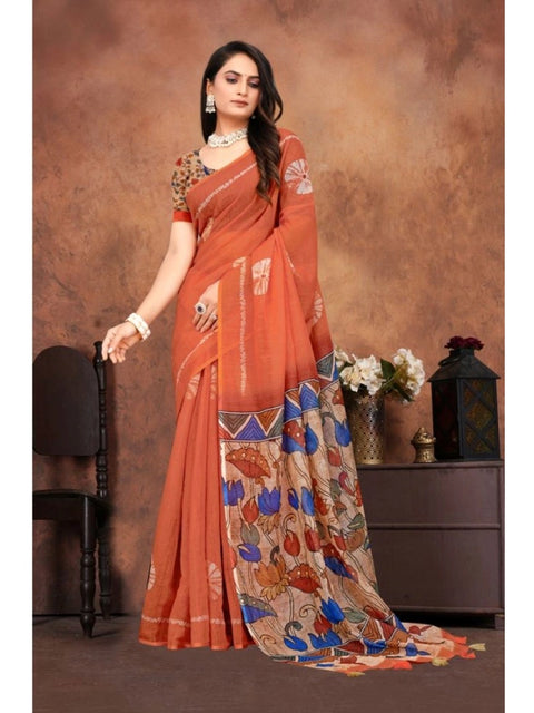 Women's Linen Printed Saree With Unstitched Blouse 5.5Mtr (Red)