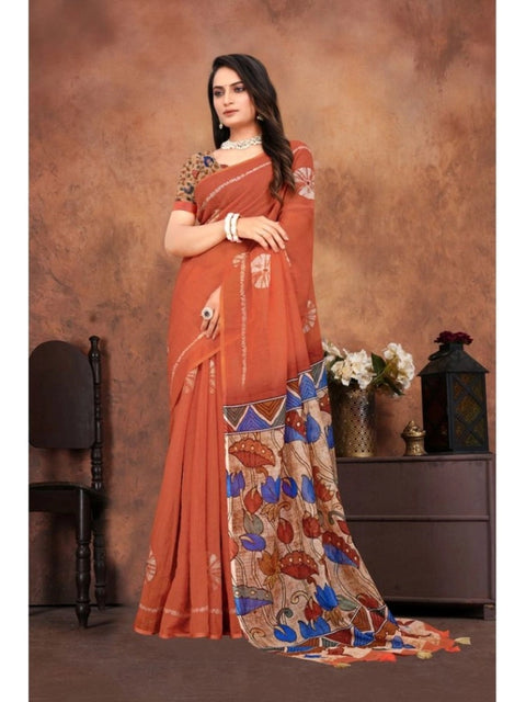 Women's Linen Printed Saree With Unstitched Blouse 5.5Mtr (Red)