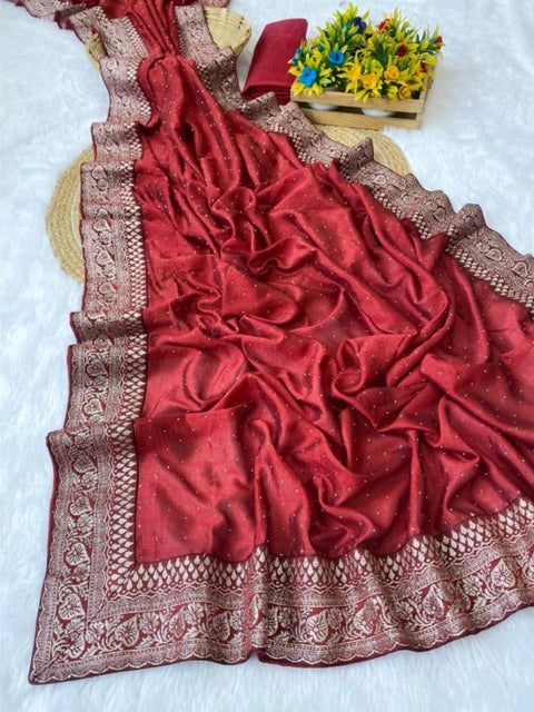 Women's Silk Embroidred Saree With Unstitched Blouse 5.5Mtr (Red)