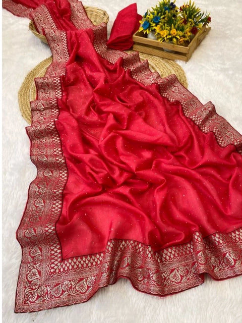 Women's Silk Embroidred Saree With Unstitched Blouse 5.5Mtr (Pink)