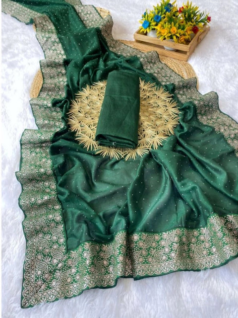 Women's Silk Embroidred Saree With Unstitched Blouse 5.5Mtr (Dark Green)