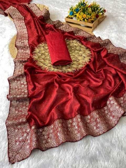 Women's Silk Embroidred Saree With Unstitched Blouse 5.5Mtr (Red)