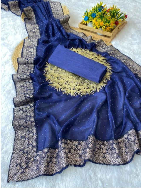 Women's Silk Embroidred Saree With Unstitched Blouse 5.5Mtr (Blue)