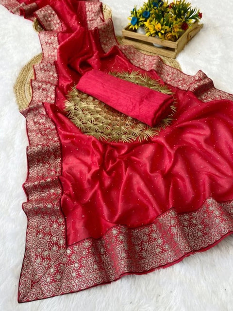 Women's Silk Embroidred Saree With Unstitched Blouse 5.5Mtr (Pink)