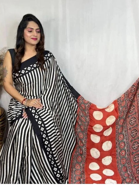 Women's Satin Printed Saree With Unstitched Blouse 5.5Mtr (Black)