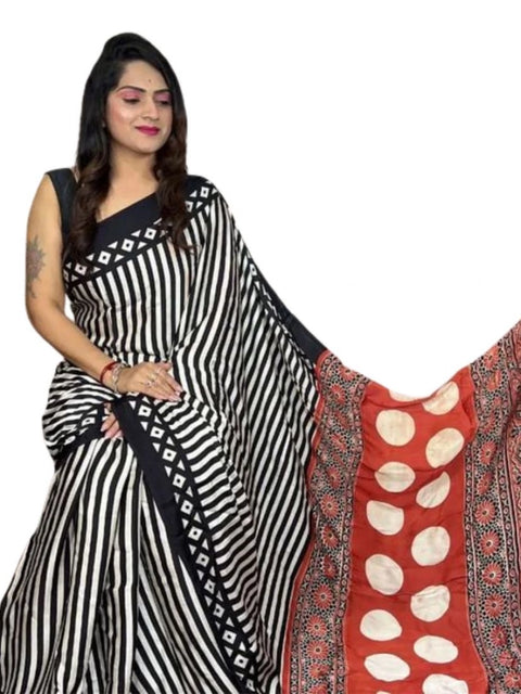 Women's Satin Printed Saree With Unstitched Blouse 5.5Mtr (Black)