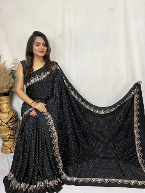 Women's Satin Printed Saree With Unstitched Blouse 5.5Mtr (Black)