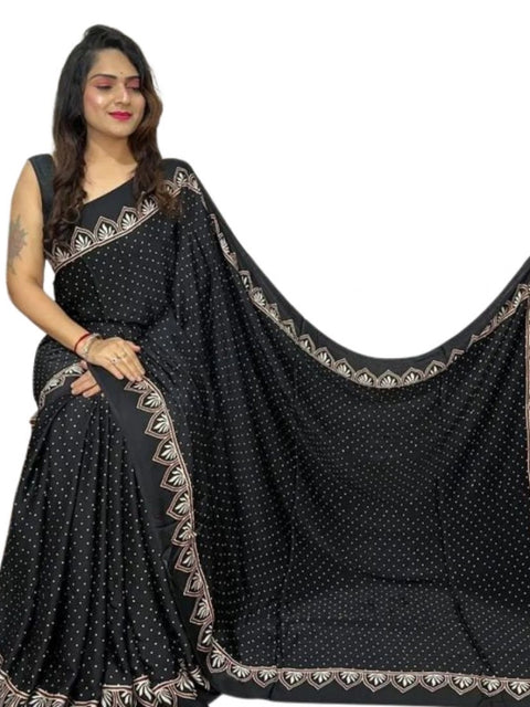 Women's Satin Printed Saree With Unstitched Blouse 5.5Mtr (Black)