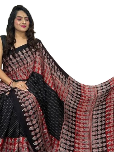 Women's Satin Printed Saree With Unstitched Blouse 5.5Mtr (Black)