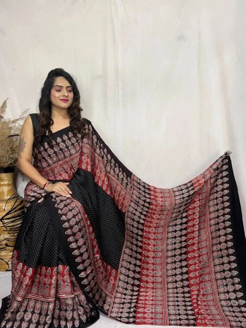Women's Satin Printed Saree With Unstitched Blouse 5.5Mtr (Black)