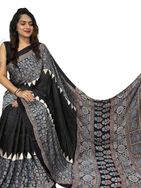 Women's Satin Printed Saree With Unstitched Blouse 5.5Mtr (Black)