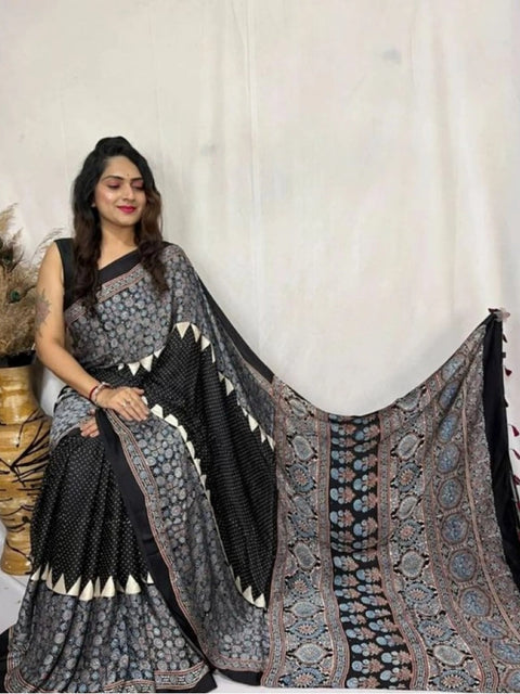Women's Satin Printed Saree With Unstitched Blouse 5.5Mtr (Black)