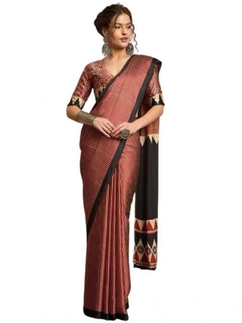 Women's Satin Printed Saree With Unstitched Blouse 5.5Mtr (Black)