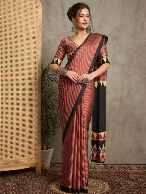Women's Satin Printed Saree With Unstitched Blouse 5.5Mtr (Black)