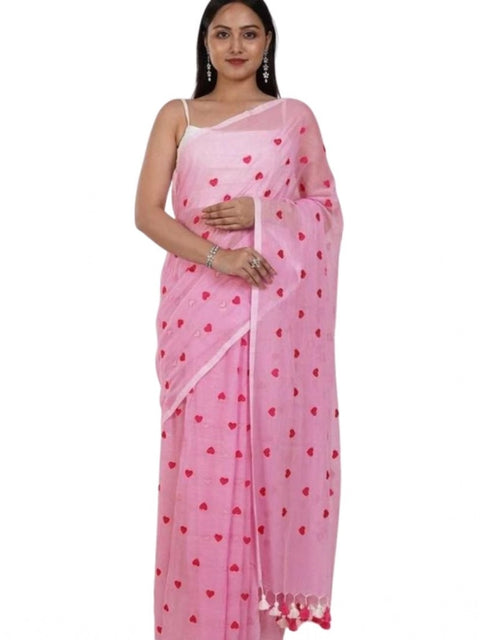 Women's Linen Printed Saree With Unstitched Blouse 5.5Mtr (Pink)