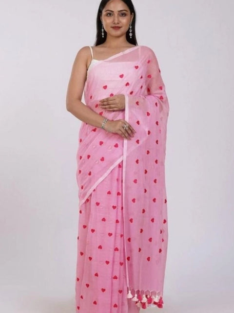 Women's Linen Printed Saree With Unstitched Blouse 5.5Mtr (Pink)