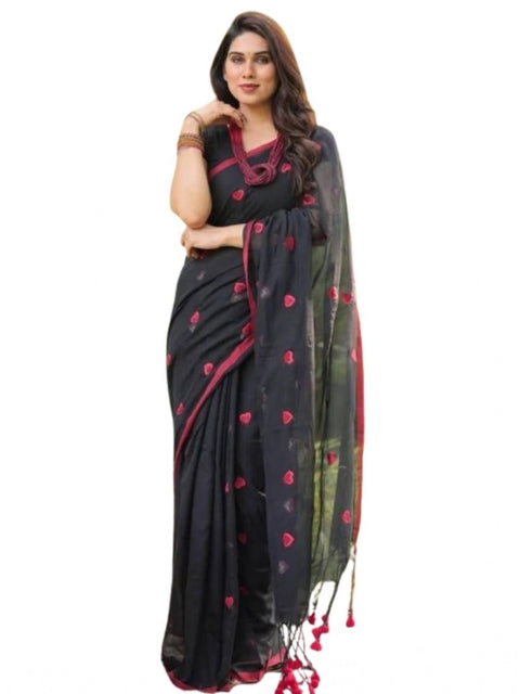 Women's Linen Printed Saree With Unstitched Blouse 5.5Mtr (Black)