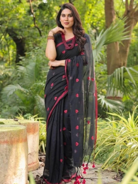 Women's Linen Printed Saree With Unstitched Blouse 5.5Mtr (Black)