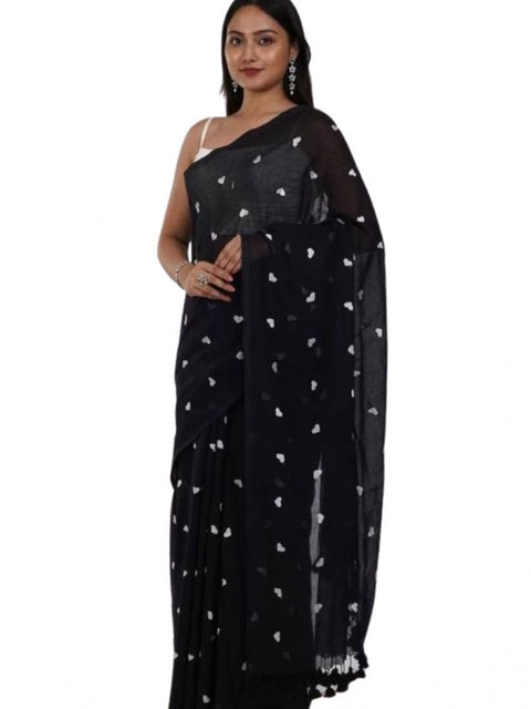 Women's Linen Printed Saree With Unstitched Blouse 5.5Mtr (Black)