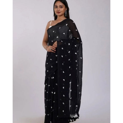 Women's Linen Printed Saree With Unstitched Blouse 5.5Mtr (Black)