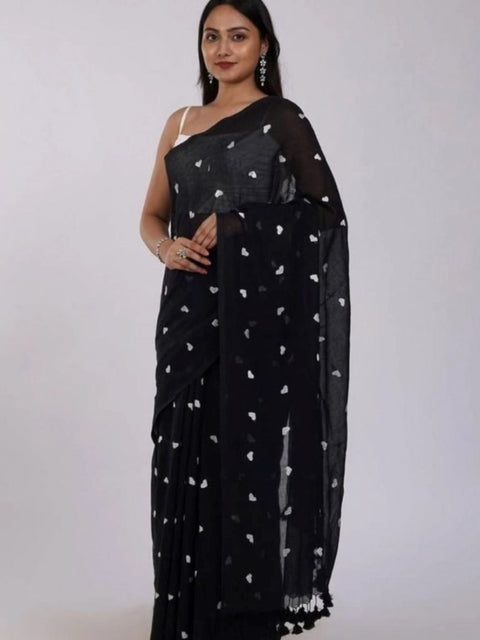 Women's Linen Printed Saree With Unstitched Blouse 5.5Mtr (Black)