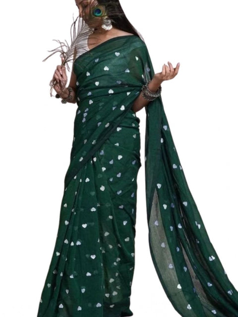 Women's Linen Printed Saree With Unstitched Blouse 5.5Mtr (Green)