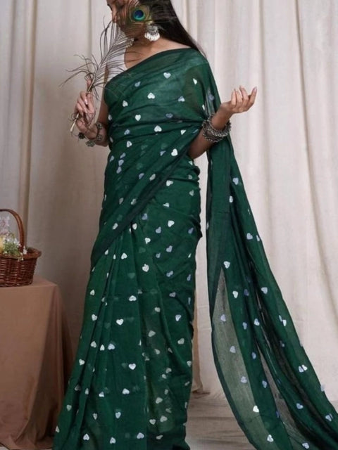 Women's Linen Printed Saree With Unstitched Blouse 5.5Mtr (Green)