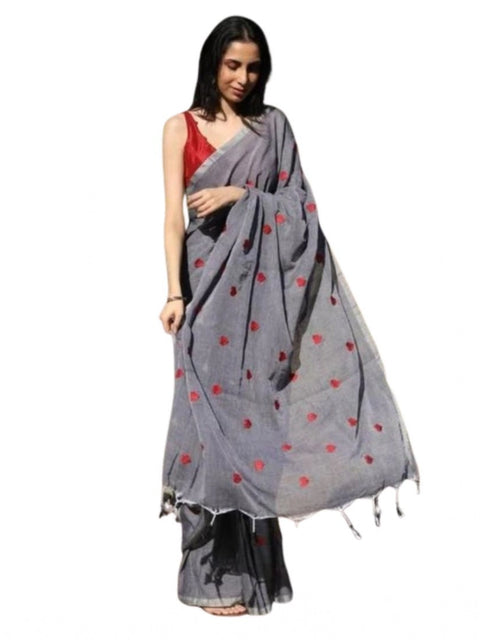 Women's Linen Printed Saree With Unstitched Blouse 5.5Mtr (Grey)