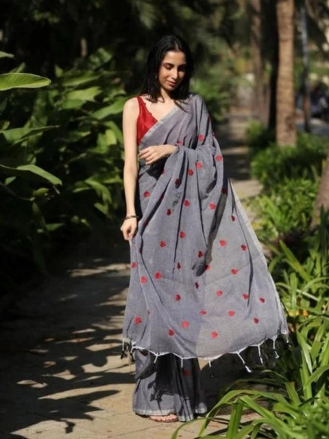 Women's Linen Printed Saree With Unstitched Blouse 5.5Mtr (Grey)