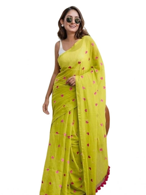 Women's Linen Printed Saree With Unstitched Blouse 5.5Mtr (Light Green)