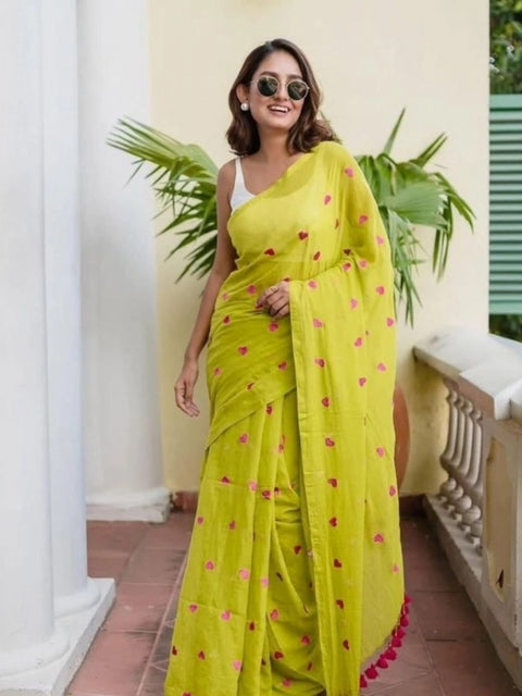 Women's Linen Printed Saree With Unstitched Blouse 5.5Mtr (Light Green)