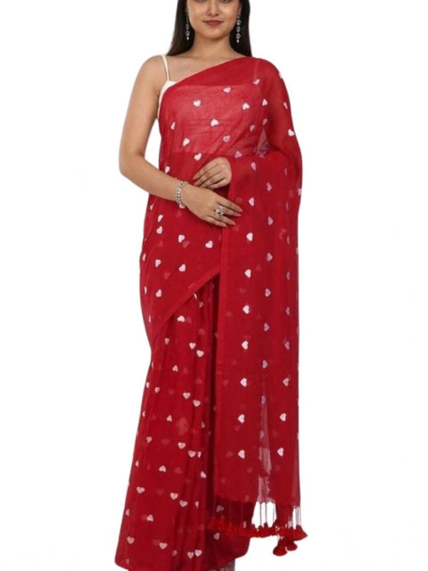 Women's Linen Printed Saree With Unstitched Blouse 5.5Mtr (Red)