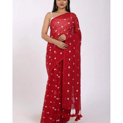 Women's Linen Printed Saree With Unstitched Blouse 5.5Mtr (Red)