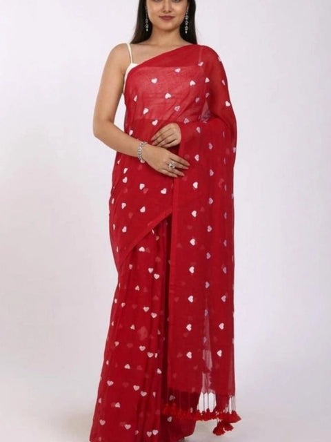 Women's Linen Printed Saree With Unstitched Blouse 5.5Mtr (Red)