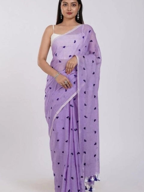 Women's Linen Printed Saree With Unstitched Blouse 5.5Mtr (Purple)