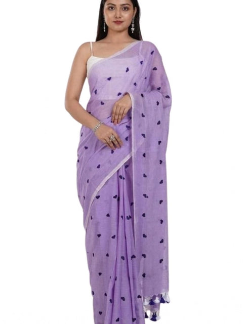 Women's Linen Printed Saree With Unstitched Blouse 5.5Mtr (Purple)