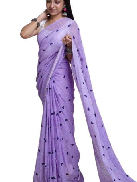 Women's Linen Printed Saree With Unstitched Blouse 5.5Mtr (Purple)