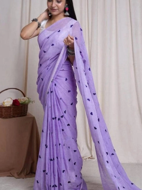 Women's Linen Printed Saree With Unstitched Blouse 5.5Mtr (Purple)