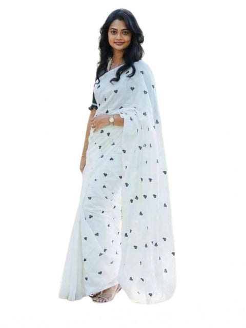 Women's Linen Printed Saree With Unstitched Blouse 5.5Mtr (White)