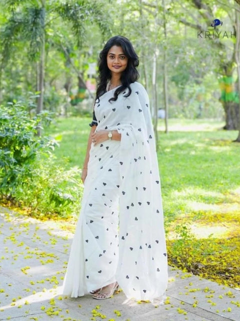 Women's Linen Printed Saree With Unstitched Blouse 5.5Mtr (White)