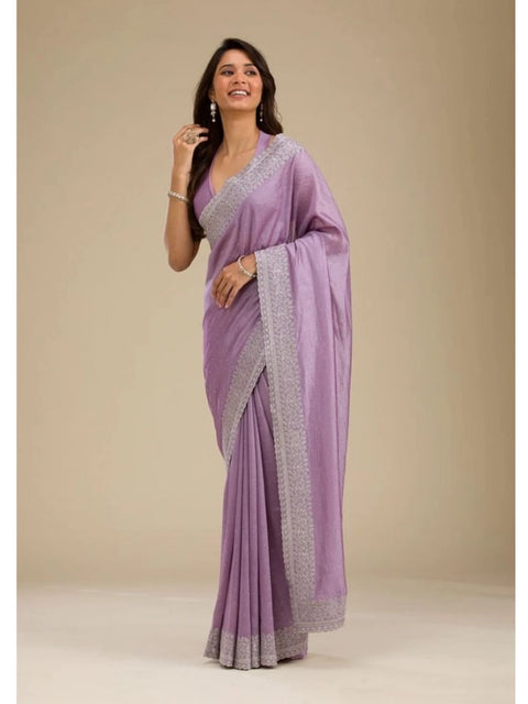 Women's Silk Embroidred Saree With Unstitched Blouse 5.5Mtr (Purple)