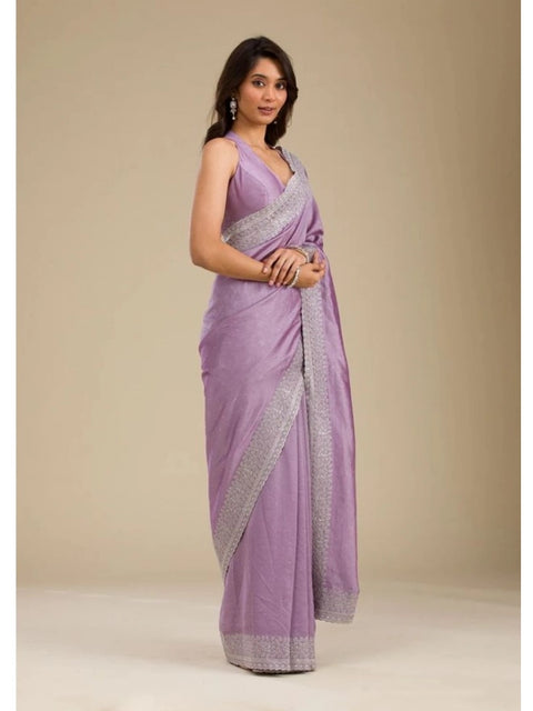 Women's Silk Embroidred Saree With Unstitched Blouse 5.5Mtr (Purple)