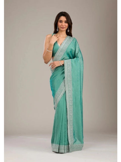 Women's Silk Embroidred Saree With Unstitched Blouse 5.5Mtr (Light Green)