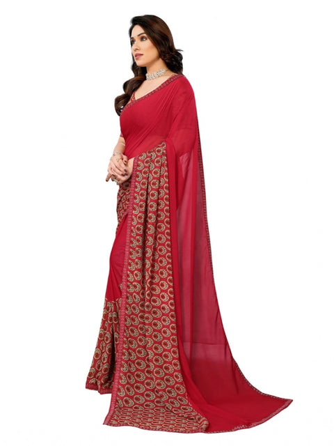 Women's Georgette Printed Saree With Unstitched Blouse 5.5Mtr (Red)