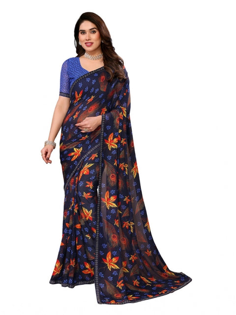 Women's Georgette Printed Saree With Unstitched Blouse 5.5Mtr (Blue)